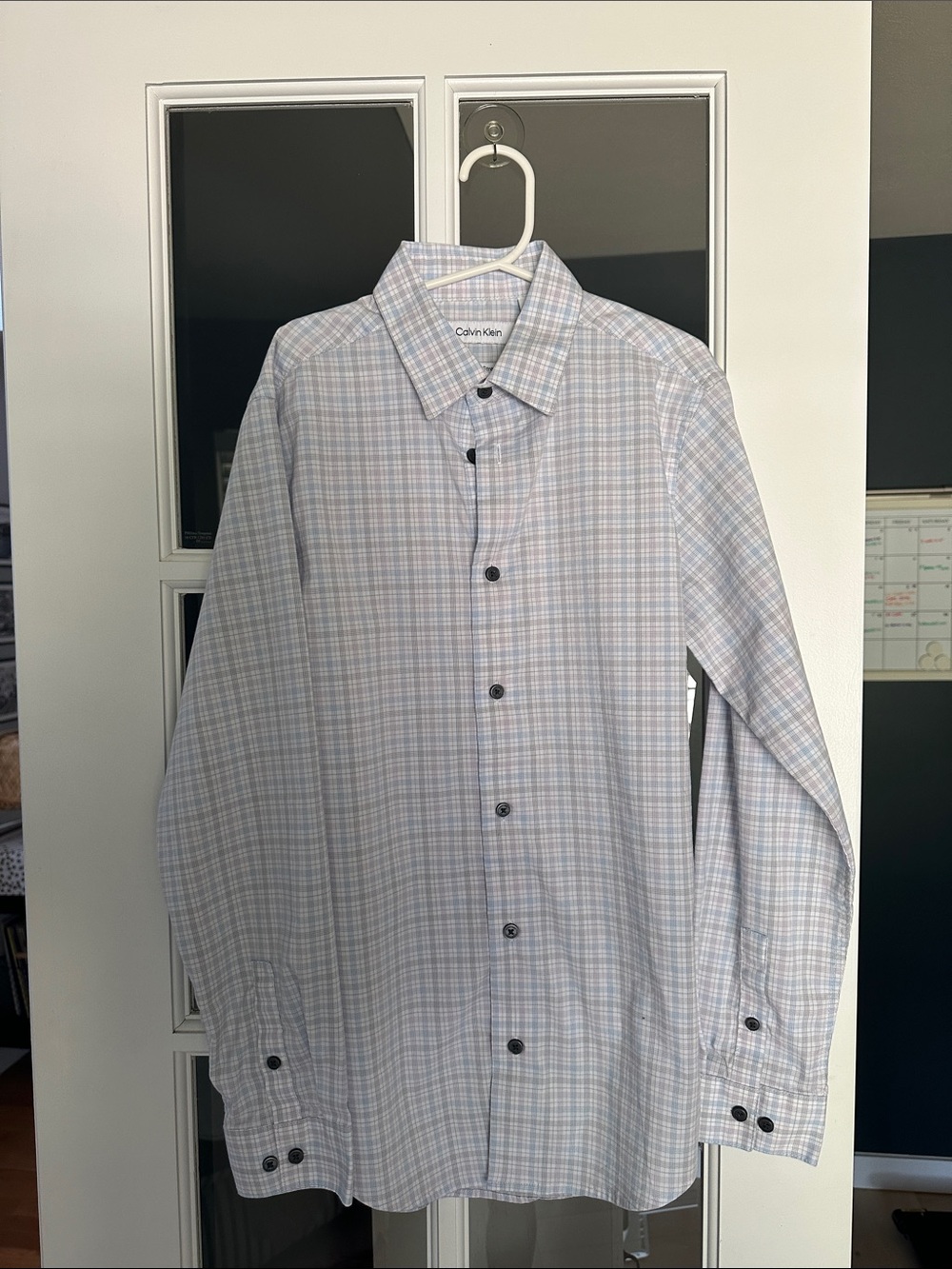 Calvin Klein Boys Light Blue and White Plaid Dress Shirt
